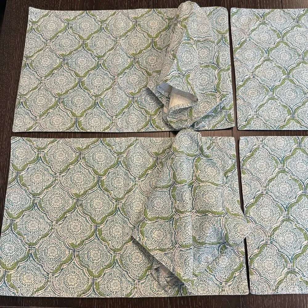 Set‎ Of 4 Blue Green & White Block Print Placemats & Cloth Napkins Boho Print
